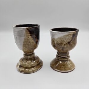 Vintage Handmade Pottery Set Of 2 Small Glazed Goblets Chalice Cups Signed JILL